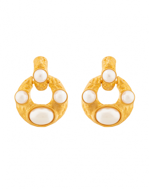 Product image - Kenneth Jay Lane - Pearl Encrusted Gold Doorknocker Clip Earrings