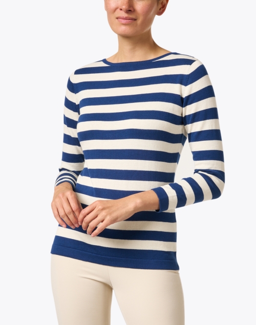 Front image - Blue - Blue and White Striped Pima Cotton Boatneck Sweater