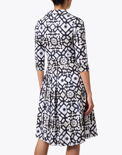 Back image - Samantha Sung - Audrey Blue and White Tile Print Stretch Cotton Dress