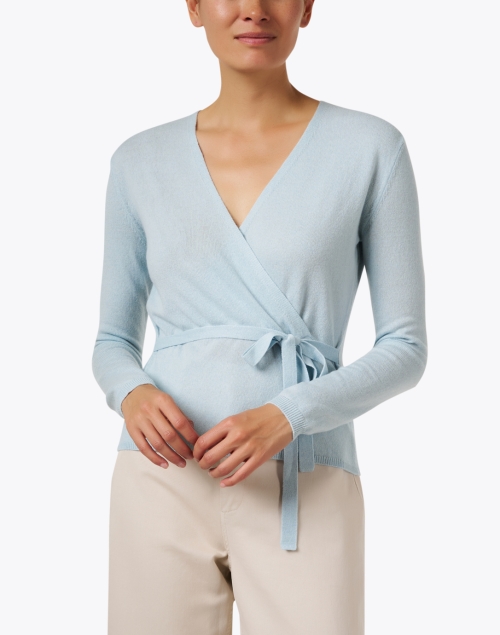 Front image - Allude - Blue Wool Cashmere Wrap Sweater 
