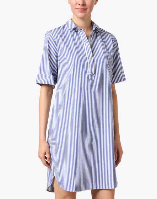 Front image - Saint James - Leonie White and Blue Striped Cotton Shirt Dress