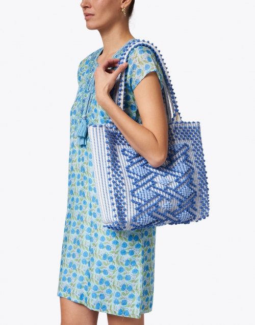 Casa Isota - Ava Lapis Periwinkle and Ecru Geo Woven Cotton Shoulder Bag