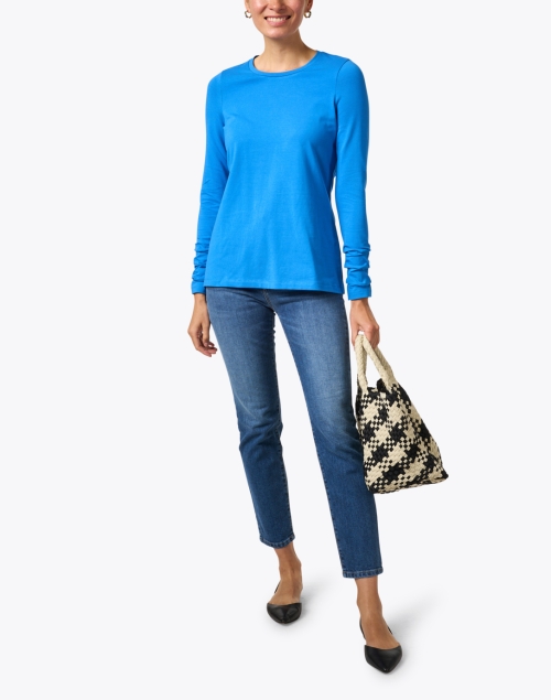 Blue Pima Cotton Ruched Sleeve Top
