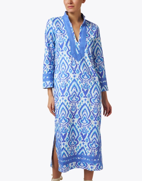 Front image - Sail to Sable - Blue Ikat Print Cotton Tunic Dress