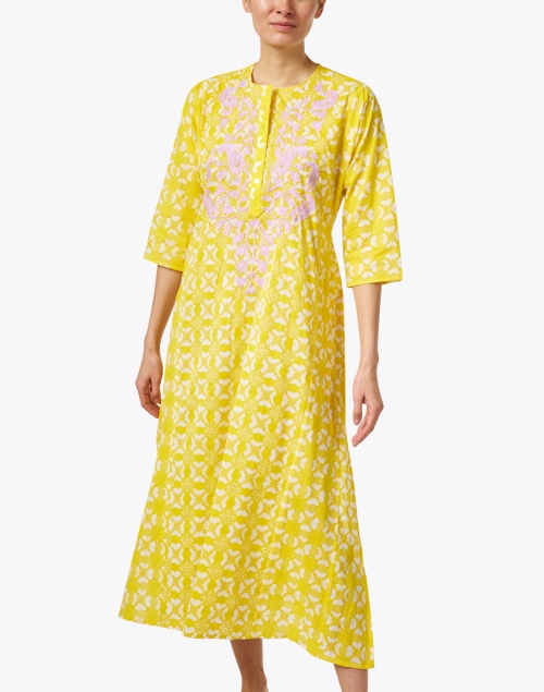 Front image - Ro's Garden - Yellow and Pink Embroidered Cotton Kurta