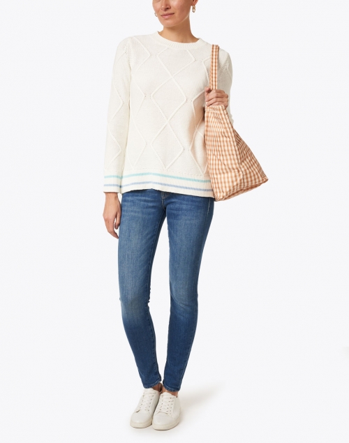 White Cable Knit Sweater with Blue Trim Detail