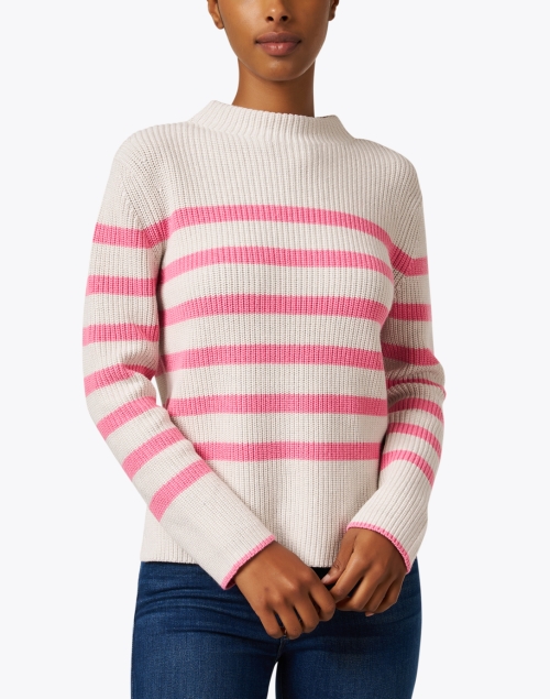 Front image - Kinross - Ivory and Pink Stripe Garter Stitch Cotton Sweater