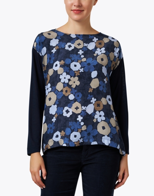 Front image - WHY CI - Navy Floral Print Panel Top
