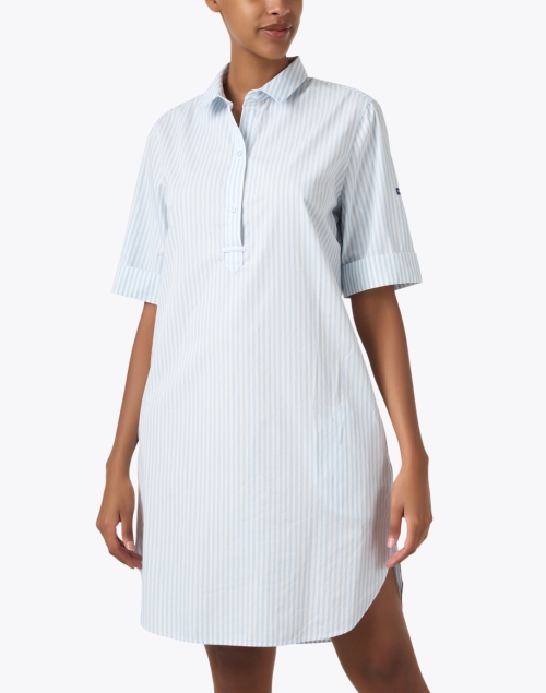 Front image - Saint James - Leonie White and Light Blue Striped Cotton Shirt Dress