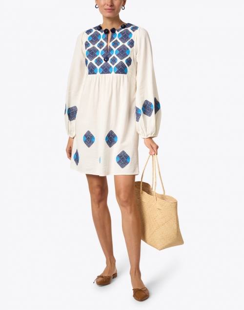 Figue - Lucie Ivory and Blue Embroidered Cotton Dress