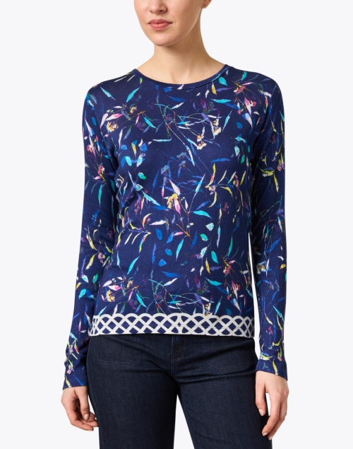 Front image - Pashma - Navy Multi Print Cashmere Silk Sweater