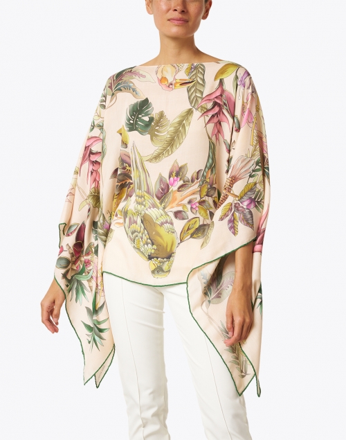 Front image - Rani Arabella - Pink Bird and Palm Printed Cashmere Silk Wool Poncho