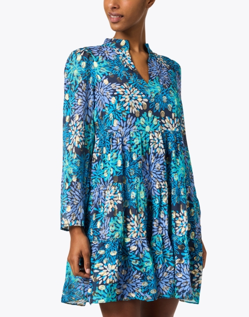 Front image - Sail to Sable - Blue Multi Print Metallic Silk Tunic Dress