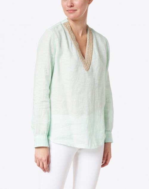 120% Lino - Pacific Green Embellished Linen Shirt