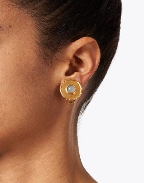 Chalcedony Blue Medallion Gold Stud Earrings