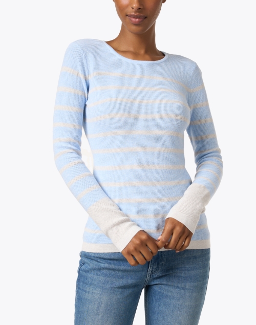 Front image - Kinross - Blue and Tan Stripe Cotton Cashmere Sweater