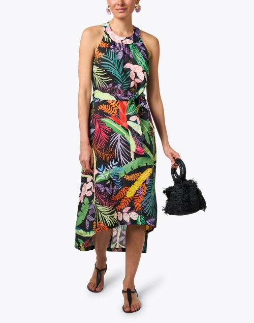 Black Tropical Print Linen Dress
