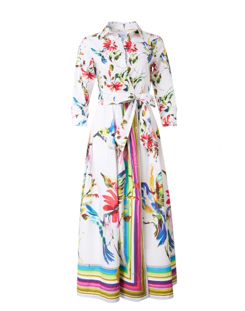 Sara Roka - Elenat White Floral and Bird Print with Striped Bottom Cotton Long Shirt Dress