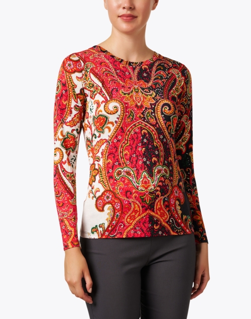 Front image - Pashma - Red Black and White Print Cashmere Silk Sweater