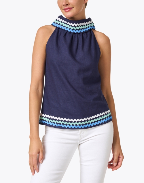 Front image - Sail to Sable - Navy Linen Cowl Neck Top