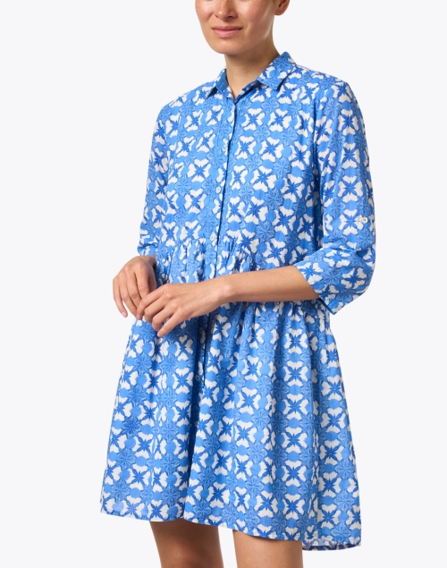 Front image - Ro's Garden - Deauville Blue and White Geo Printed Shirt Dress