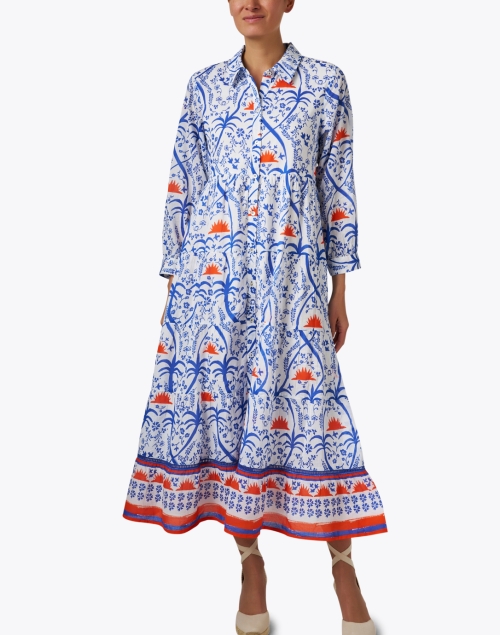 Front image - Ro's Garden - Jinette Blue and Orange Print Maxi Dress