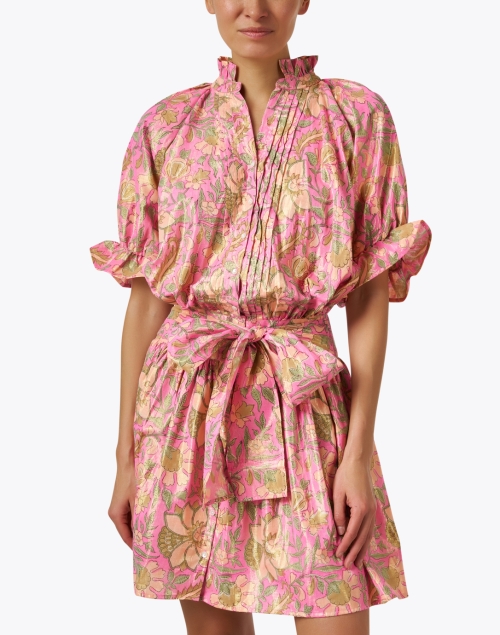 Front image - Juliet Dunn - Pink and Yellow Print Cotton Lamé Dress