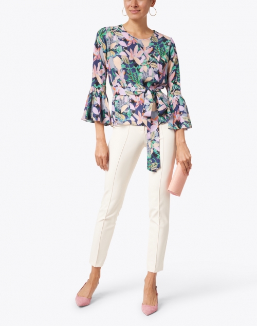 Soler - Pia Navy and Soft Pink Floral Print Silk Crepe Top