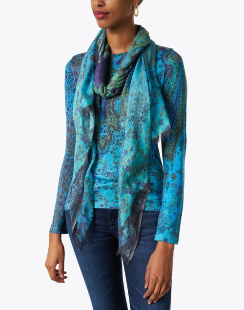 Turquoise and Green Paisley Silk Cashmere Scarf