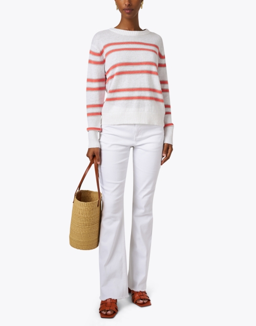 White and Coral Striped Linen Sweater