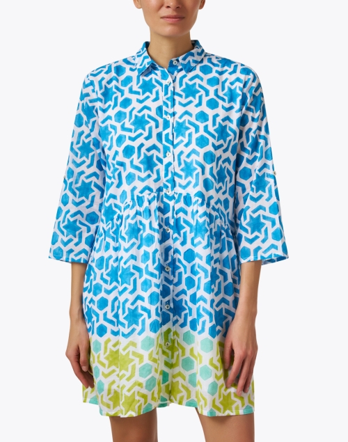 Front image - Ro's Garden - Deauville Blue Geometric Print Shirt Dress