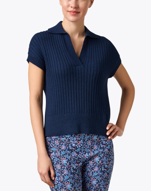 Front image - Kinross - Navy Ribbed Polo Sweater