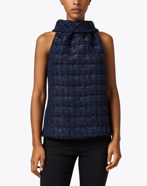 Front image - Sail to Sable - Navy Sparkle Tweed Cowl Neck Top