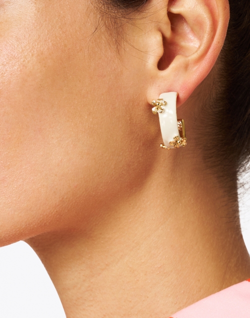 Ivory and Gold Flower Hoop Earrings