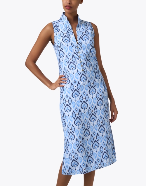 Front image - Sail to Sable - Blue Ikat Print Silk Cotton Tunic Dress