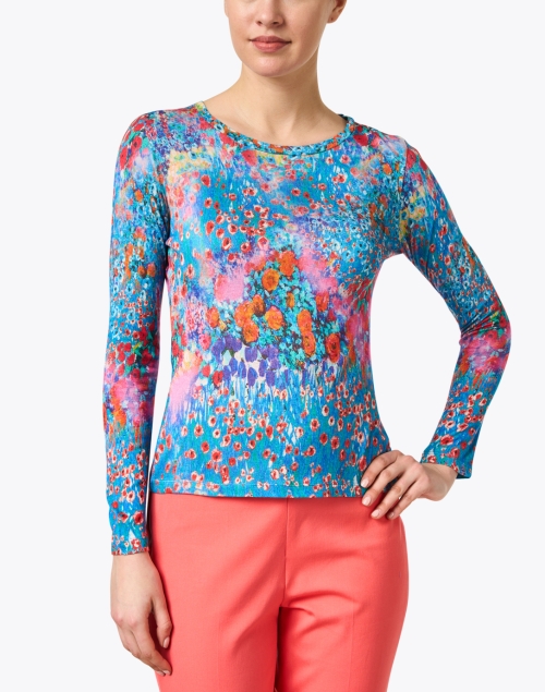 Front image - Pashma - Blue Multi Print Cashmere Silk Sweater