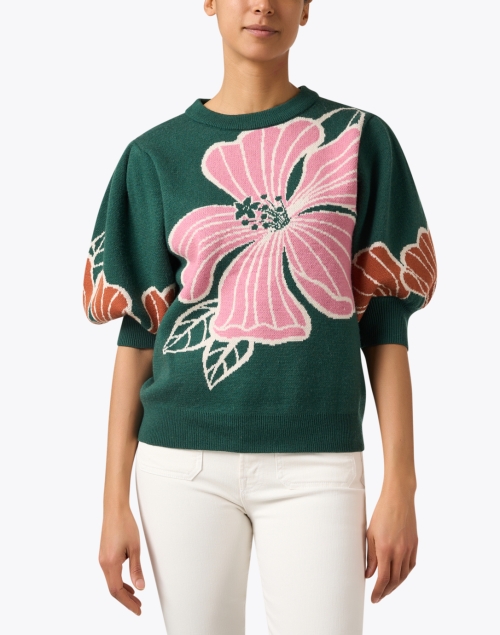 Front image - Farm Rio - Green Floral Intarsia Sweater