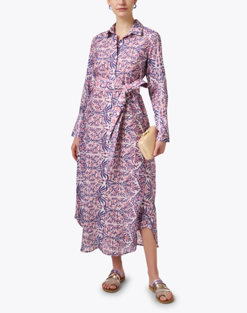 Pink and Navy Floral Cotton Silk Dress