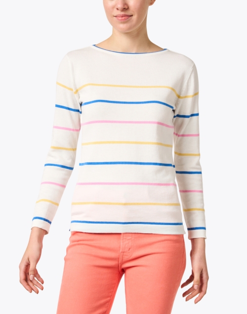 Front image - Blue - White Multi Stripe Cotton Sweater