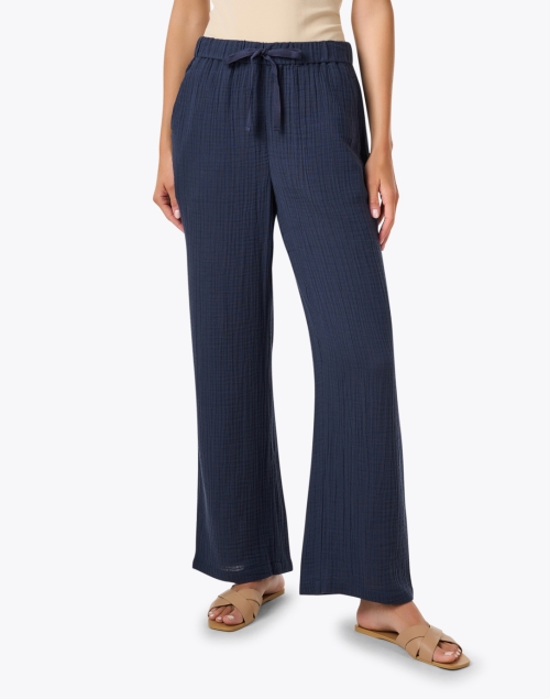 Front image - Eileen Fisher - Navy Cotton Gauze Wide Leg Pant