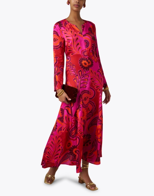 Pink Print Zipper Maxi Dress