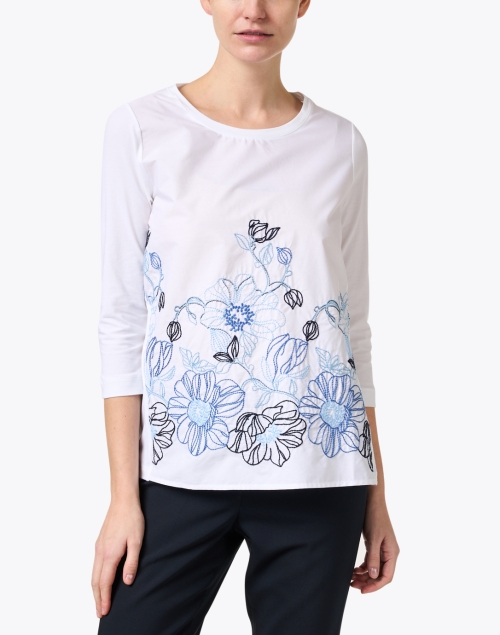 Front image - WHY CI - White and Blue Embroidered Cotton Top