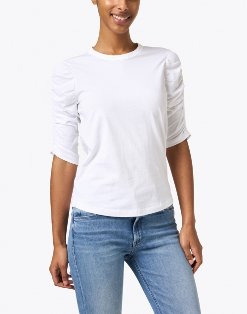 Front image - Veronica Beard - Waldorf White Ruched Pima Cotton Tee