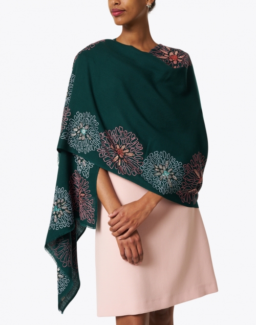 Janavi -  Emerald Green Floral Embroidered Merino Wool Scarf