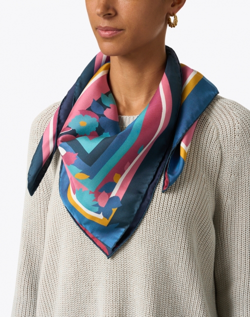 Franco Ferrari - Pink and Blue Floral and Stripe Silk Scarf 