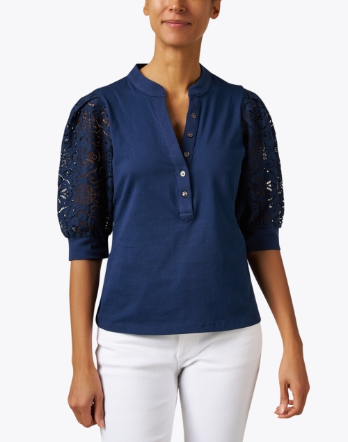 Front image - Veronica Beard - Coralee Navy Lace Puff Sleeve Top