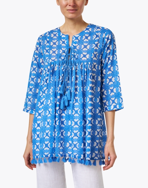 Front image - Ro's Garden - Seychelles Blue Print Cotton Tunic Top