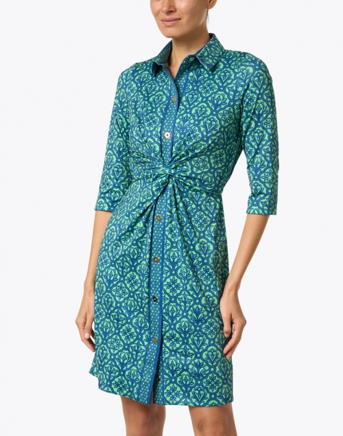 Front image - Gretchen Scott - Green and Navy Geometric Twist Front Dress