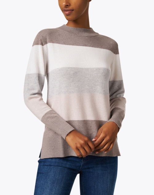 Front image - Kinross - Neutral Multi Stripe Cashmere Sweater