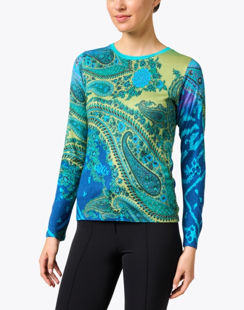 Front image - Pashma - Blue and Green Paisley Print Cashmere Silk Sweater
